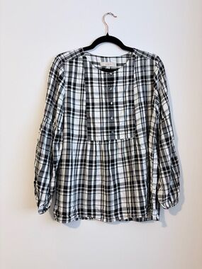LOFT Black and White Plaid Button-Front Peasant Top